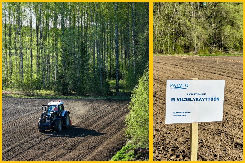 Kaksi valokuvaa vierekkäin. Vasemmanpuoleisessa traktorilla muokataan maata pellolla. Oikeanpuoleisessa muokattu pelto ja etualalla ohjekyltti.