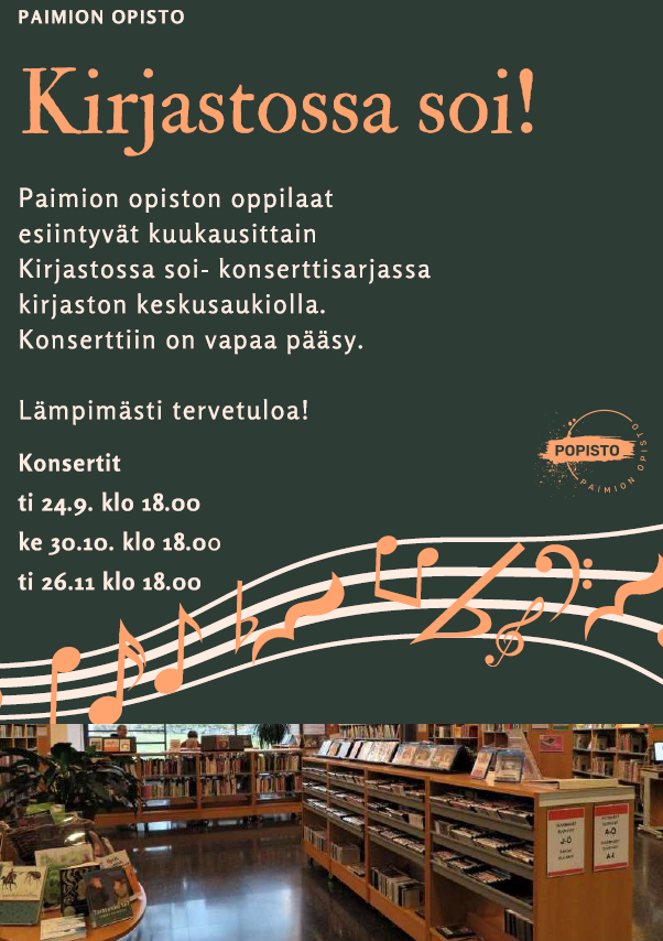 Kirjastossa soi! -konsertin mainos.