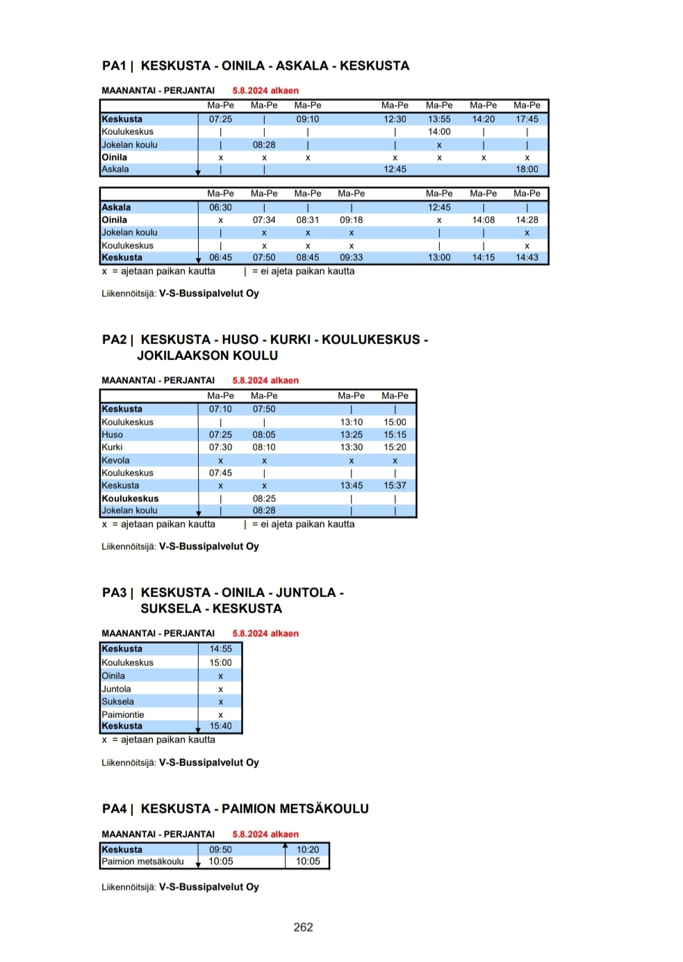 Fölin PA1 - PA4 linjojen aikataulut.