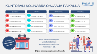 Kalenteri syyskauden 2024 ohjauksista kuntosali Kolinassa.