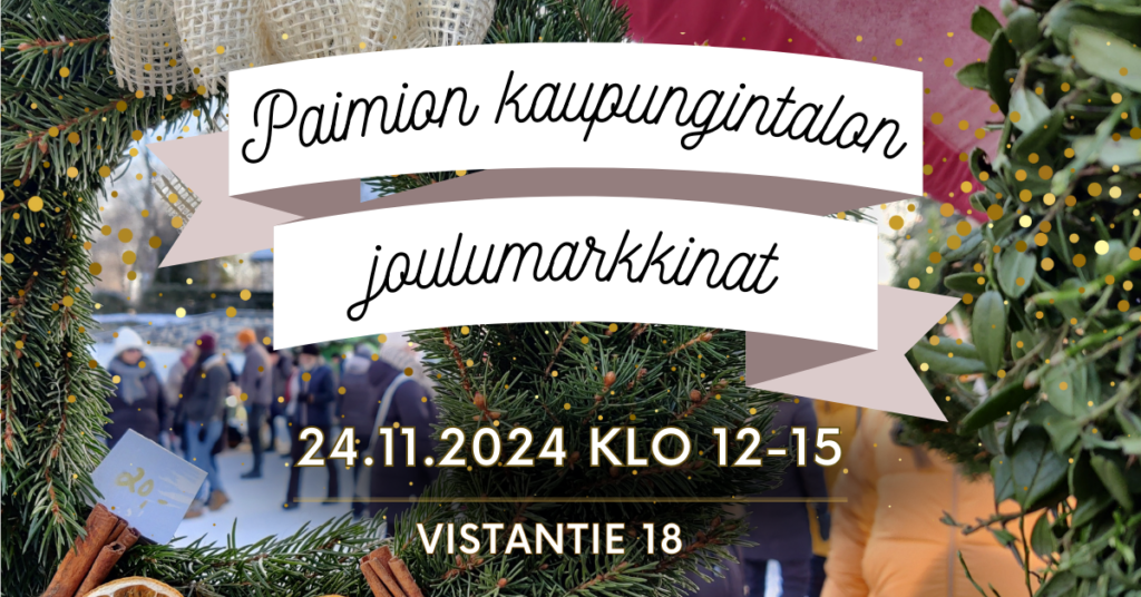 Paimion kaupungintalon joulumarkkinat, taustalla havukaranssi, jonka läpi näkyy ihmisiä.