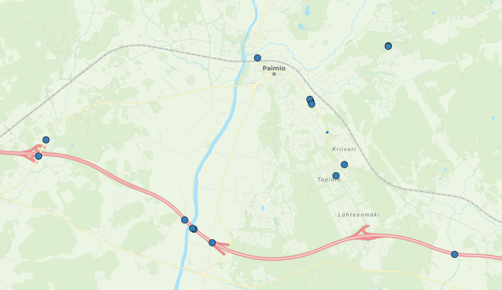 Kartalle merkittynä paikat, jossa Paimion alueella poistetaan alkusyksyn aikana kurtturuusua.