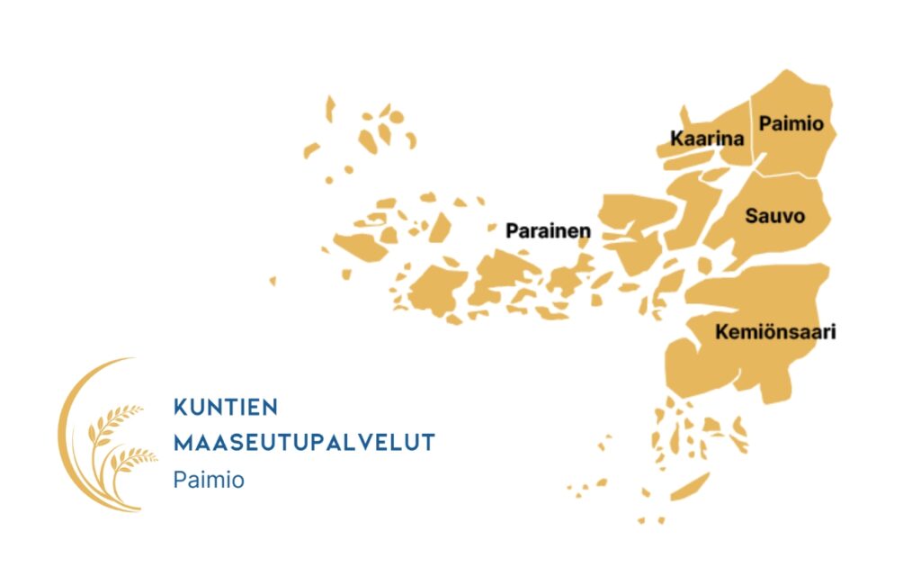 Karttaan merkittynä toiminta-alueen kunnat eli Paimio, Kaarina, Parainen, Sauvo ja Kemiönsaari.