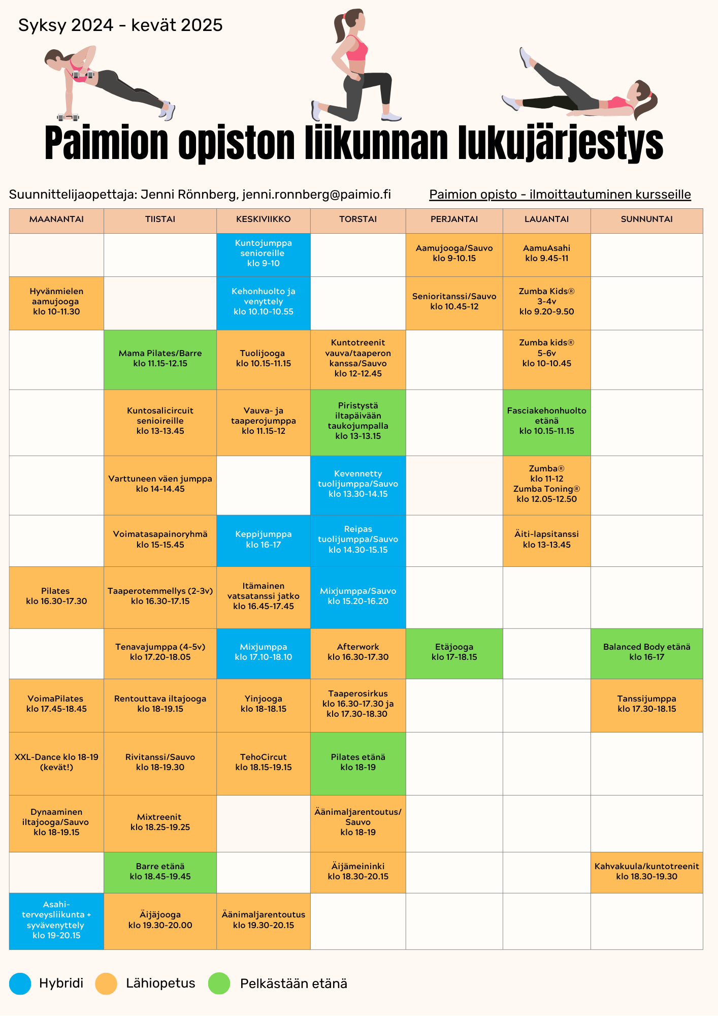 Taulukossa näkyy liikunnan lukujärjestys syksystä 2024 keväälle 2025. Taulukossa on värikkäitä laatikoita.