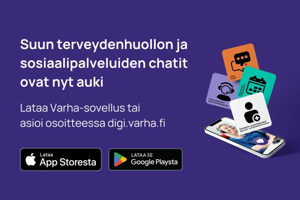 Matkapuhelin sekä AppStoren ja GooglePlayn painikkeet. Lisäksi teksti: Lataa Varha-sovellut tai asioi osoitteessa digi.varha.fi.