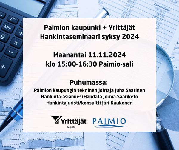 Paimion Yrittäjät ry:n ja Paimion kaupungin logot sekä perustiedot Hankintaseminaarin ohjelmasisällöstä.