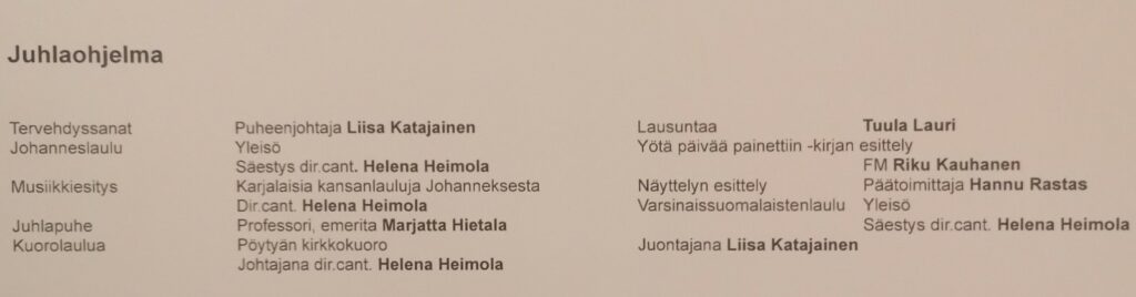 Juhlaohjelman järjestys kuvana.