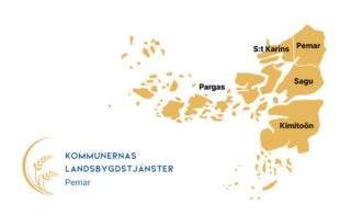 Karta över kommunerna/städerna som hör till Pemas landsbygdstjänster, städerna Pemar, S:t Karins, Pargas och kommunerna Sagu och Kimitoön.