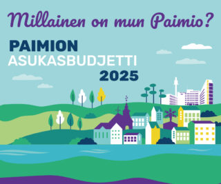 Piirroskuvassa paimiolaisia rakennuksia ja ja kesäistä maisemaa. Tekstinä Millainen on mun Paimio? Paimion asukasbudjetti 2025.