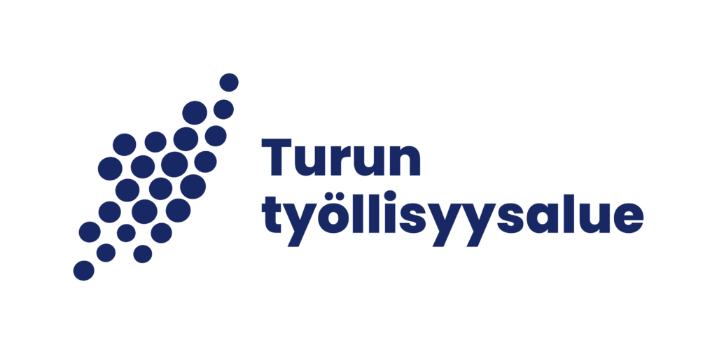 Turun työllisyysalueen logo, jossa tekstin lisäksi erikokoisia sinisiä palloja ryhmässä.