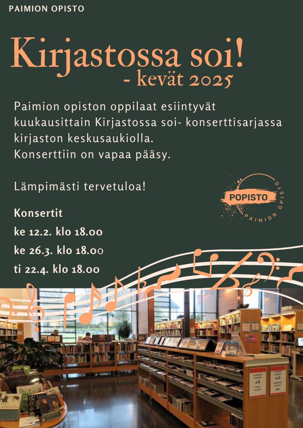 Kirjastossa soi! -konserttien mainos kevät 2025.