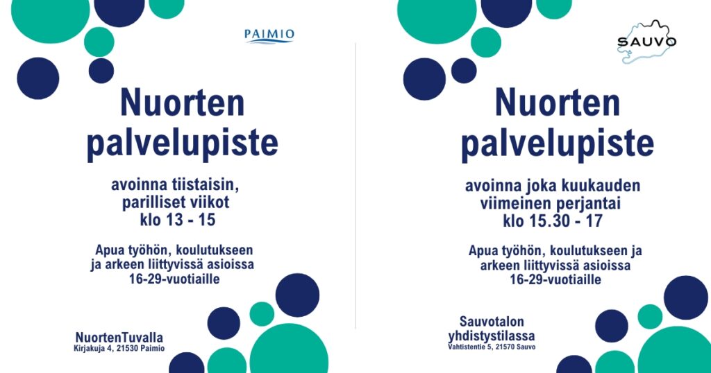 Mainos Nuorten palvelupisteesta, mikä toimii Paimiossa ja Sauvossa.