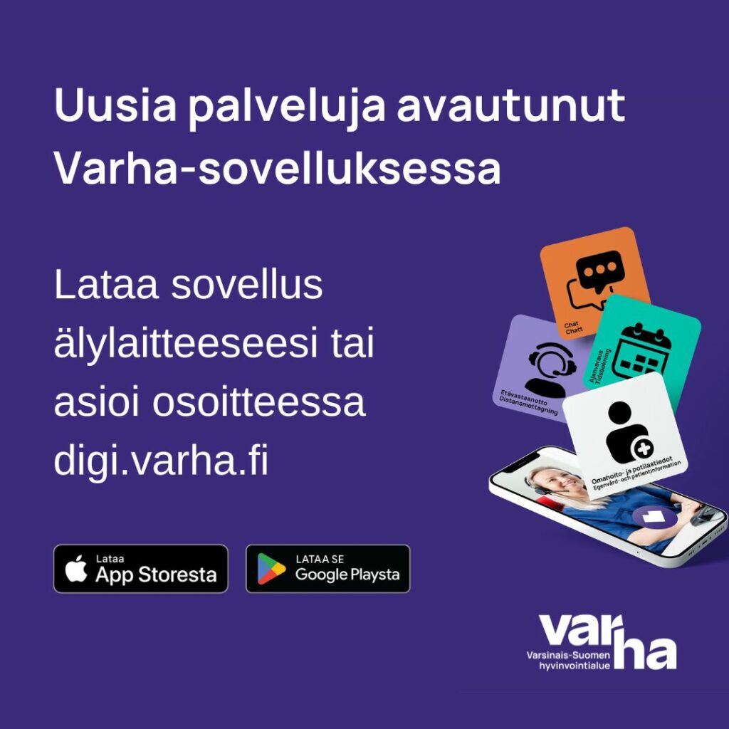 Varhan logo, älypuhelin ja pieni kuvakkeita sekä teksti Uusia palveluja avautunut Varha-sovelluksessa.