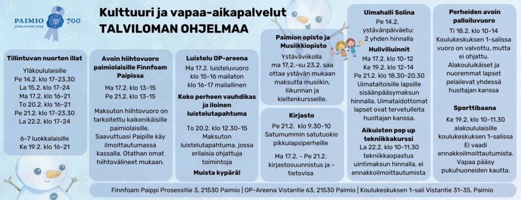 Paimion kulttuuri ja vapaa-aikapalvelut hiihtoloma 2025 ohjelma