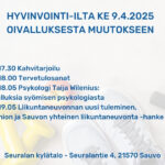 Hyvinvointi-illan oivalluksesta muutokseen mainos, jossa ohjelma kirjoitettuna liikuntaa viestivän kuvan yhteyteen.