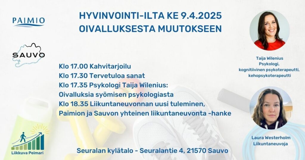 Hyvinvointi-illan mainos, jossa ohjelma ja luennoitsijoiden kuvat.