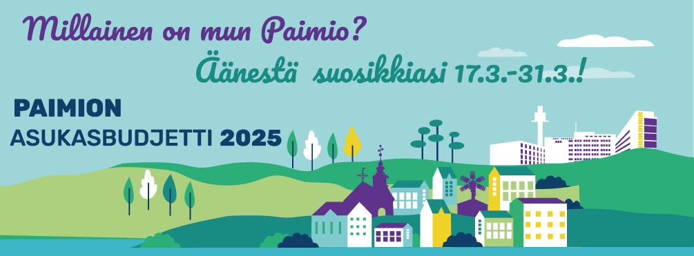 Piirretty maisemakuva, jossa tekstinä Paimion Asukasbudjetti 2025, äänestä suosikkiasi 17.3. - 31.3.